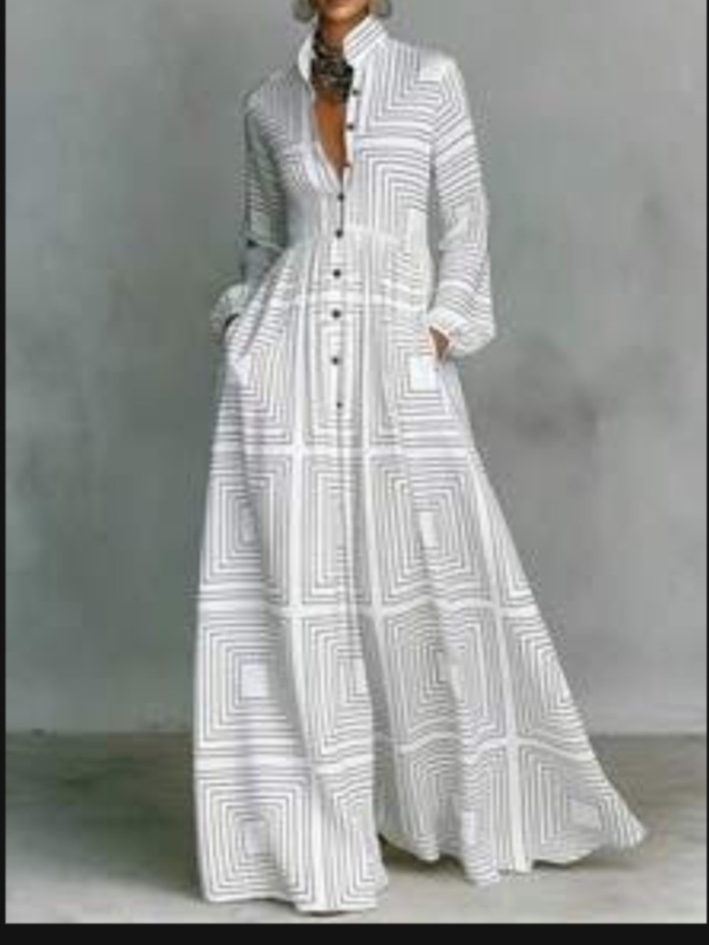 Button-Front Geometric Maxi Shirt Dress - White/Gray
